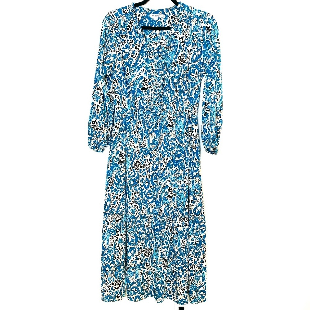 Chico's Midi Dress Size 8 Turquoise Blue Allover Print Tiered Peasant Boho